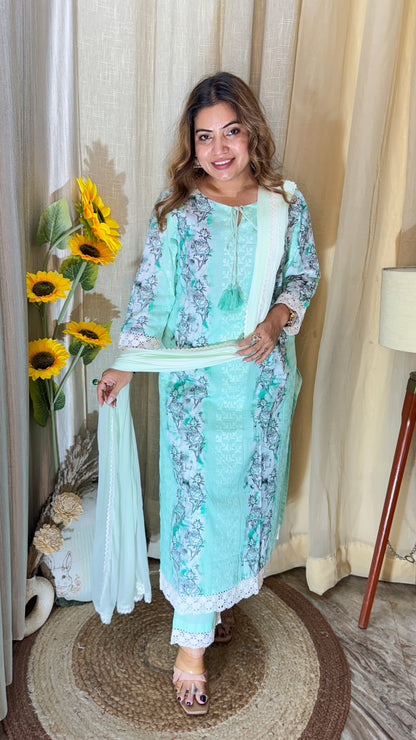 Mint Floral printed Cotton Kurta Set