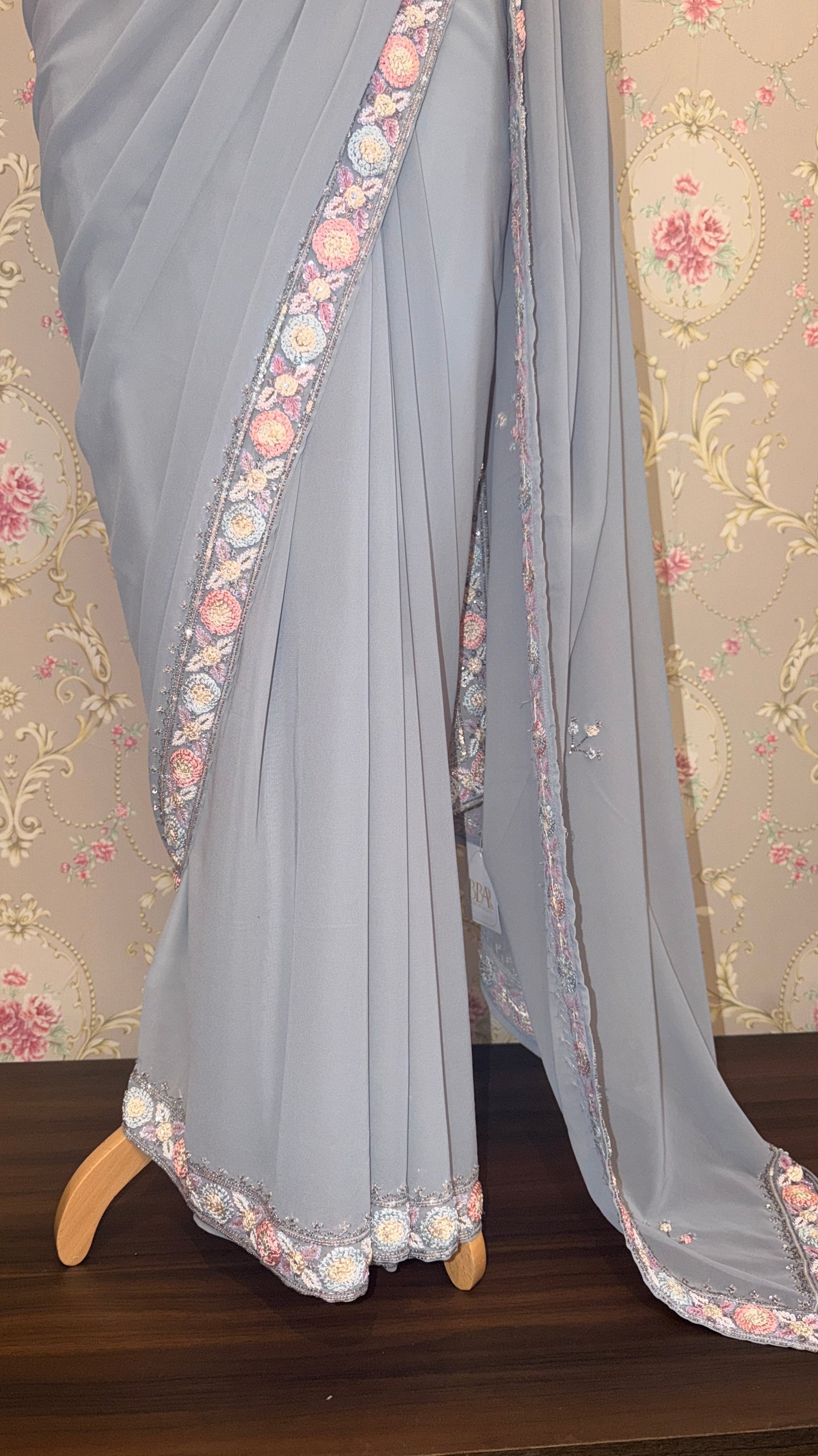 Steel Grey Georgette Saree with Floral Embroidered Border