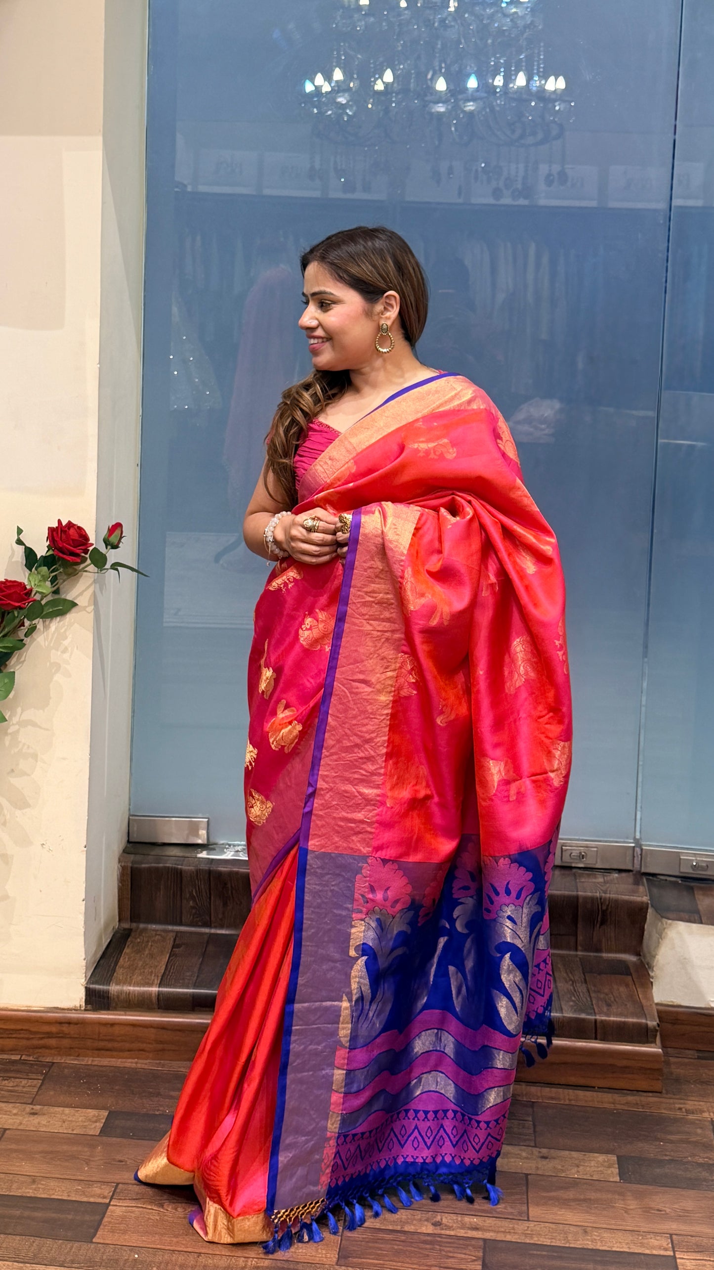 Rani Pink Banarasi Silk Saree with Royal Blue Border & Zari Weaving