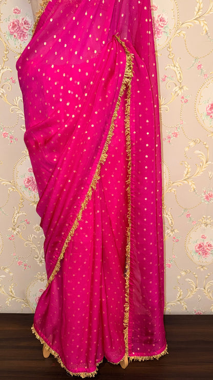 Rani Pink Dotted Saree with Gold Border