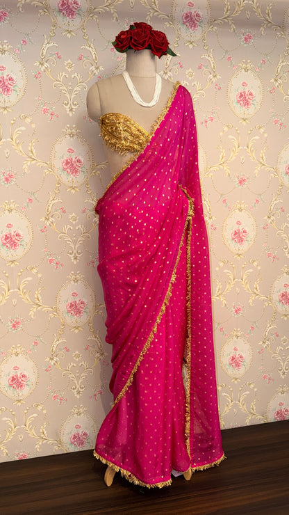 Rani Pink Dotted Saree with Gold Border