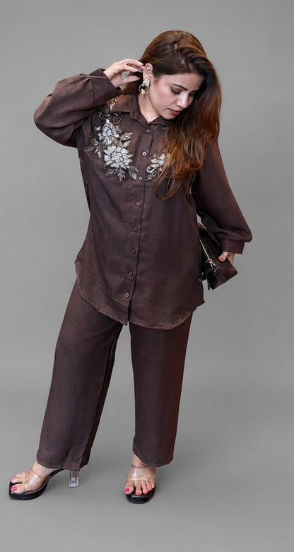 Linen Embroidered Co-Ord Set for Women | Premium Shirt & Pant Set | Bling by Anjali