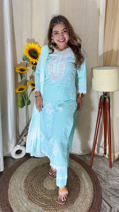 3pc E-Mint Cotton Embroidered Summer Suit set