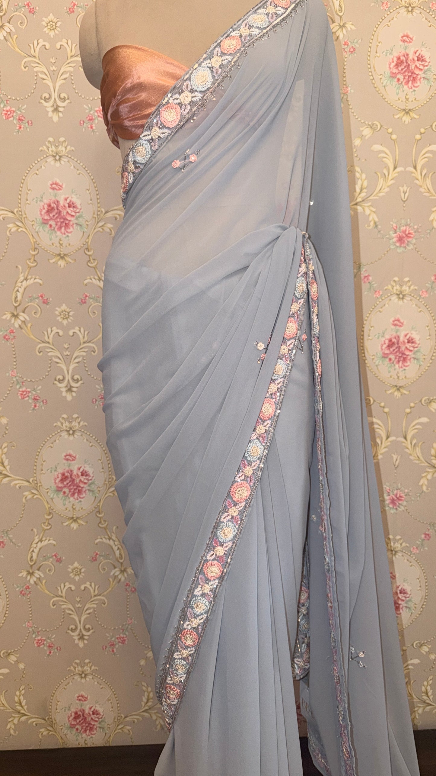 Steel Grey Georgette Saree with Floral Embroidered Border