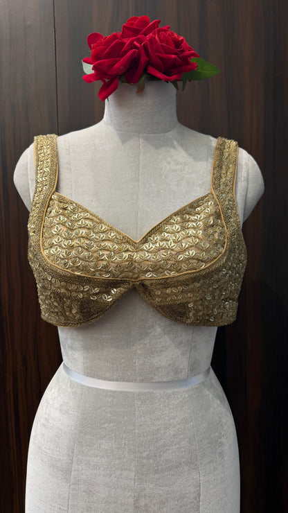 Antique Gold Sequin-Embroidered Bralette Blouse - Designer Sweetheart Neckline for Wedding Wear