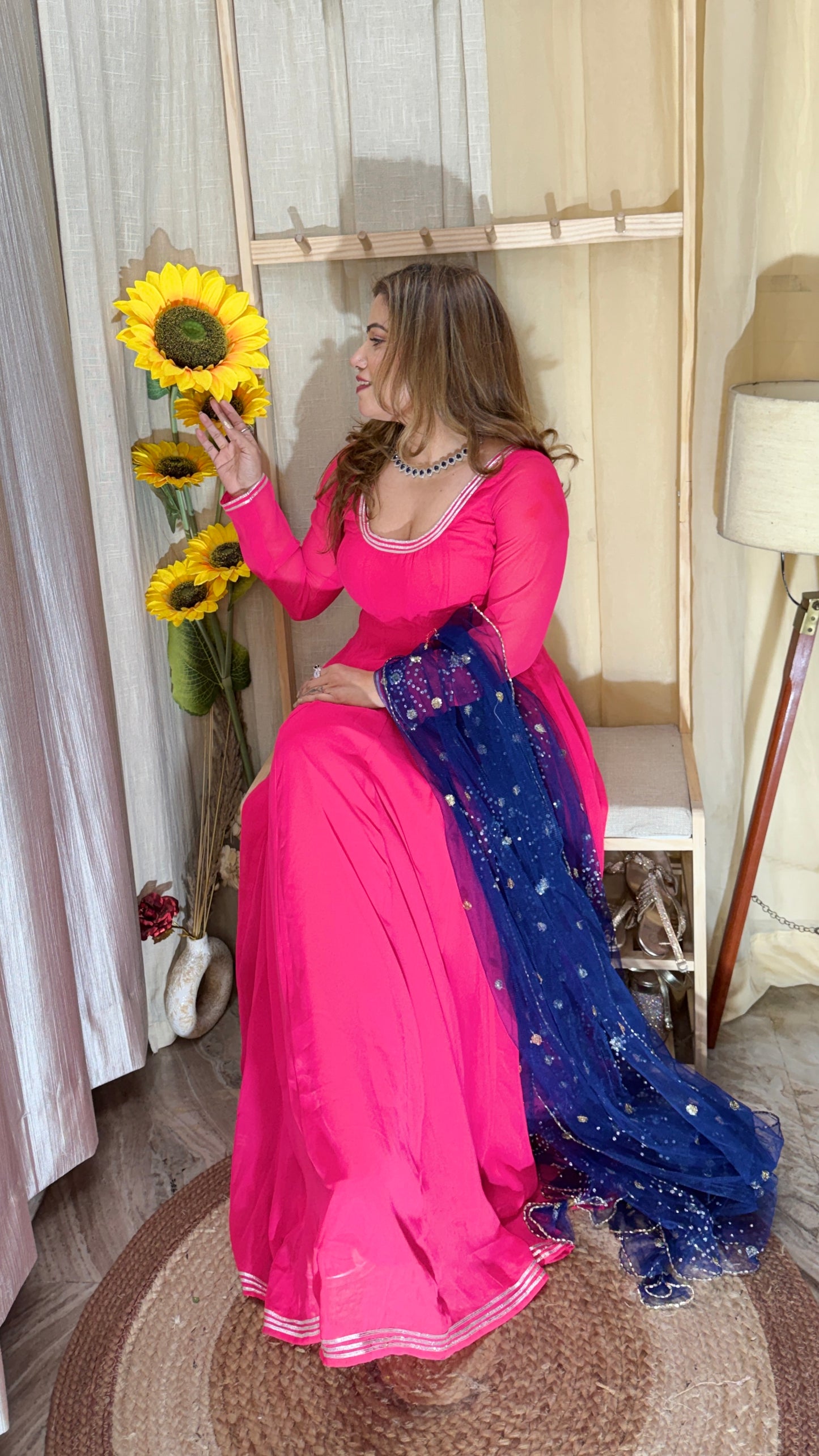 Hot Pink Anarkali Kurta Set with Navy Blue Sequins Dupatta