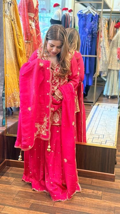 Rani Pink Heavy Embroidered Sharara Set with Dupatta