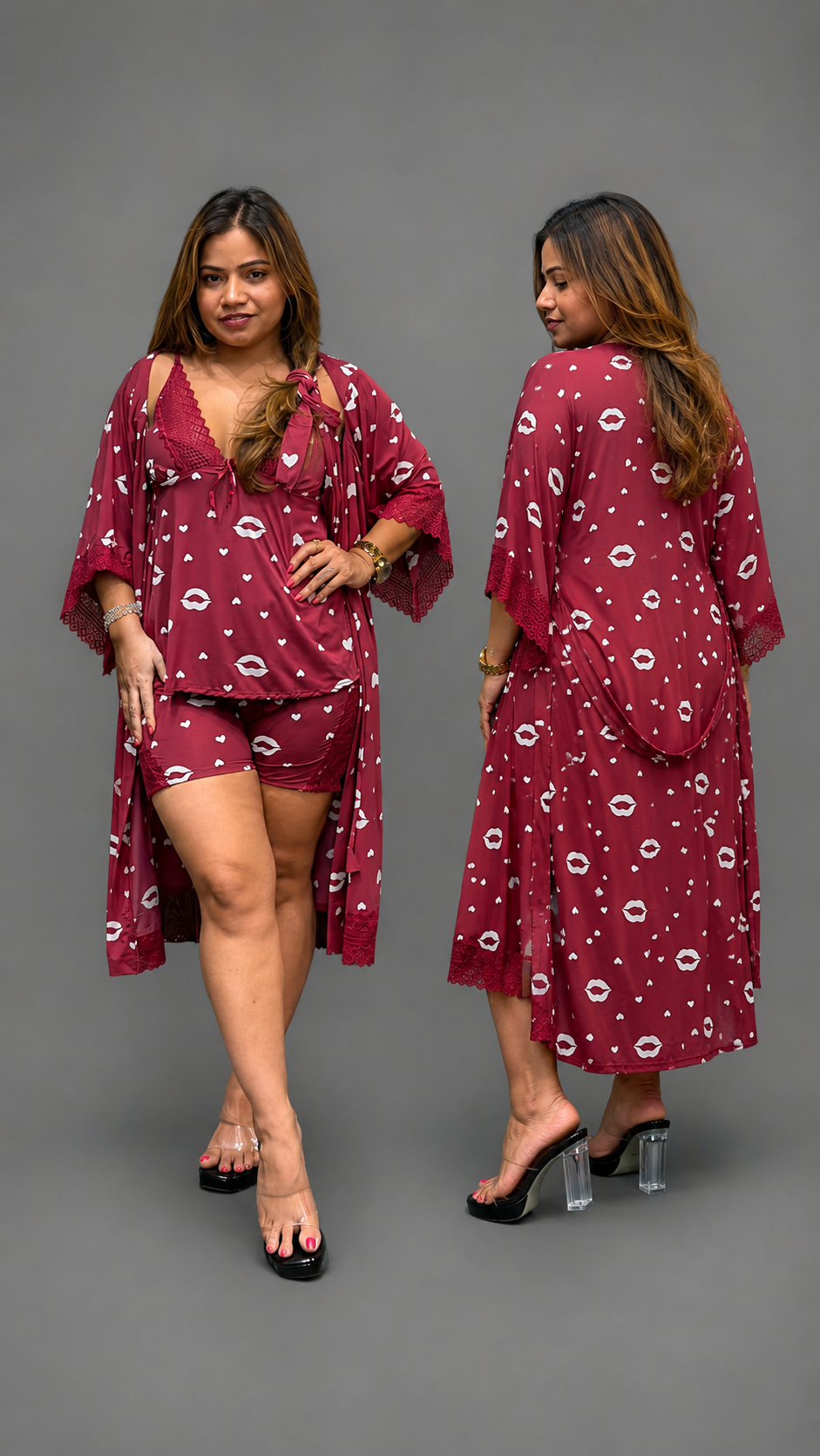 Wine Red Heart Print 4-Piece Nightwear Set with Robe – Soft & Stylish Lounge Wear