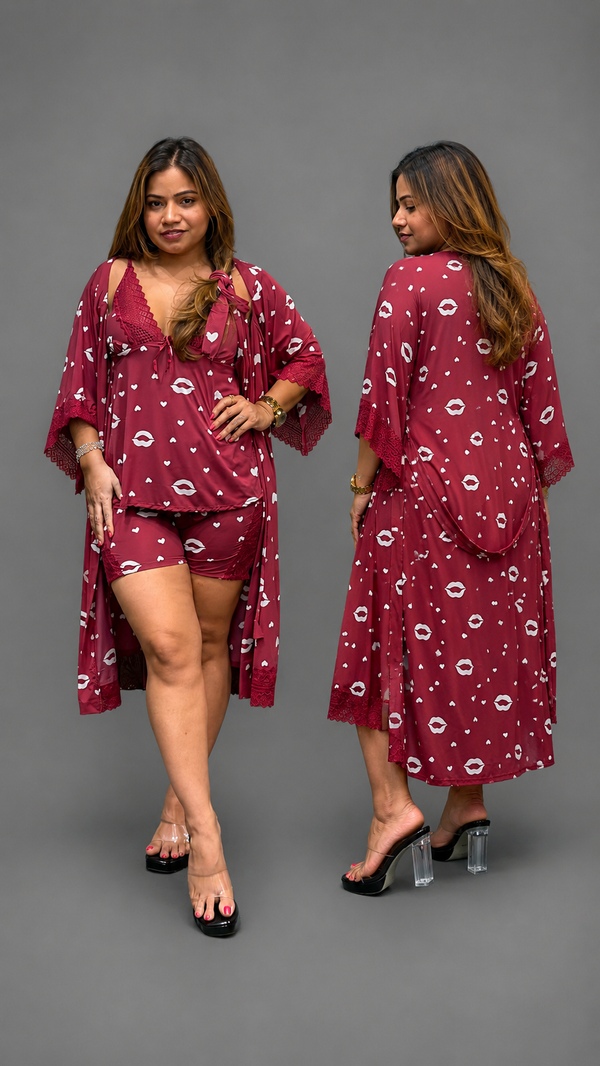 Wine Red Heart Print 4-Piece Nightwear Set with Robe – Soft & Stylish Lounge Wear