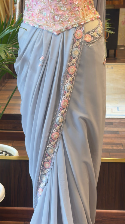 Grey Draped Saree with Hand-Embroidered Blush Pink Corset
