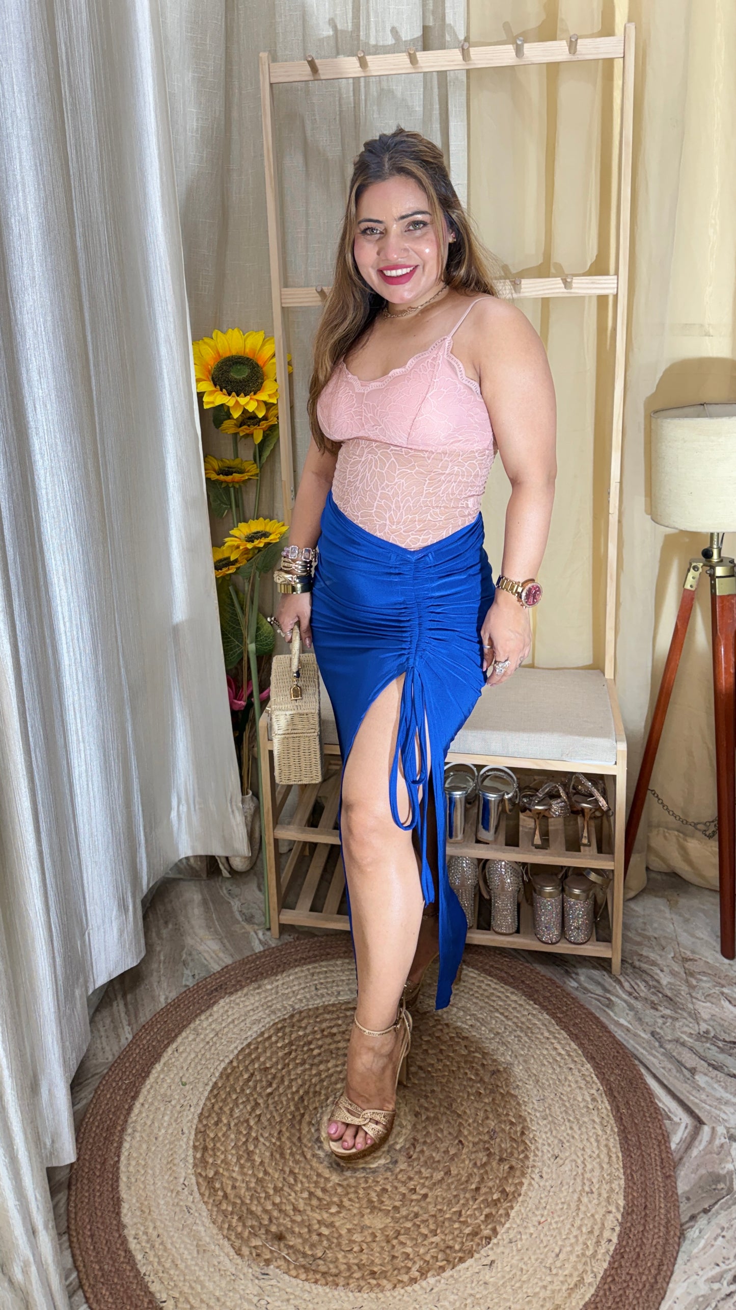 Royal Blue Ruched High-Slit Lycra Skirt (XS–3XL)