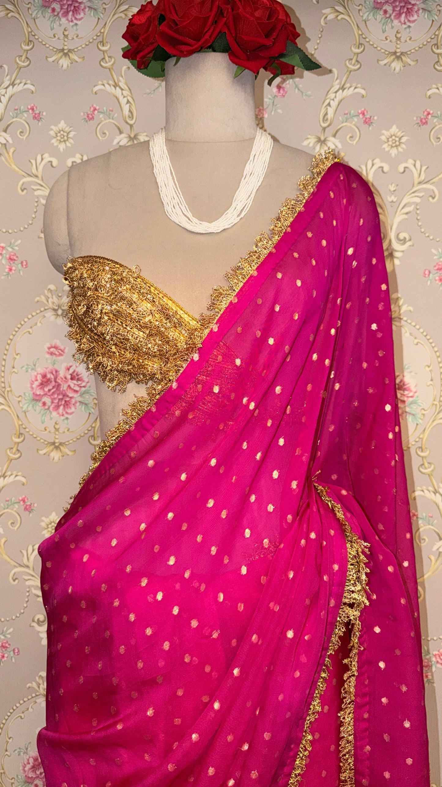 Rani Pink Dotted Saree with Gold Border