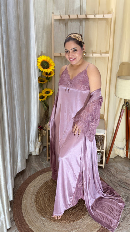 Dusty Rose Satin & Lace Nightwear Set with Robe – 3 Piece Luxe Sleepwear