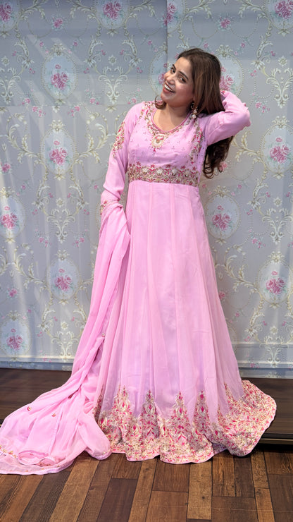Blush Pink Embroidered Anarkali Suit Set with Dupatta