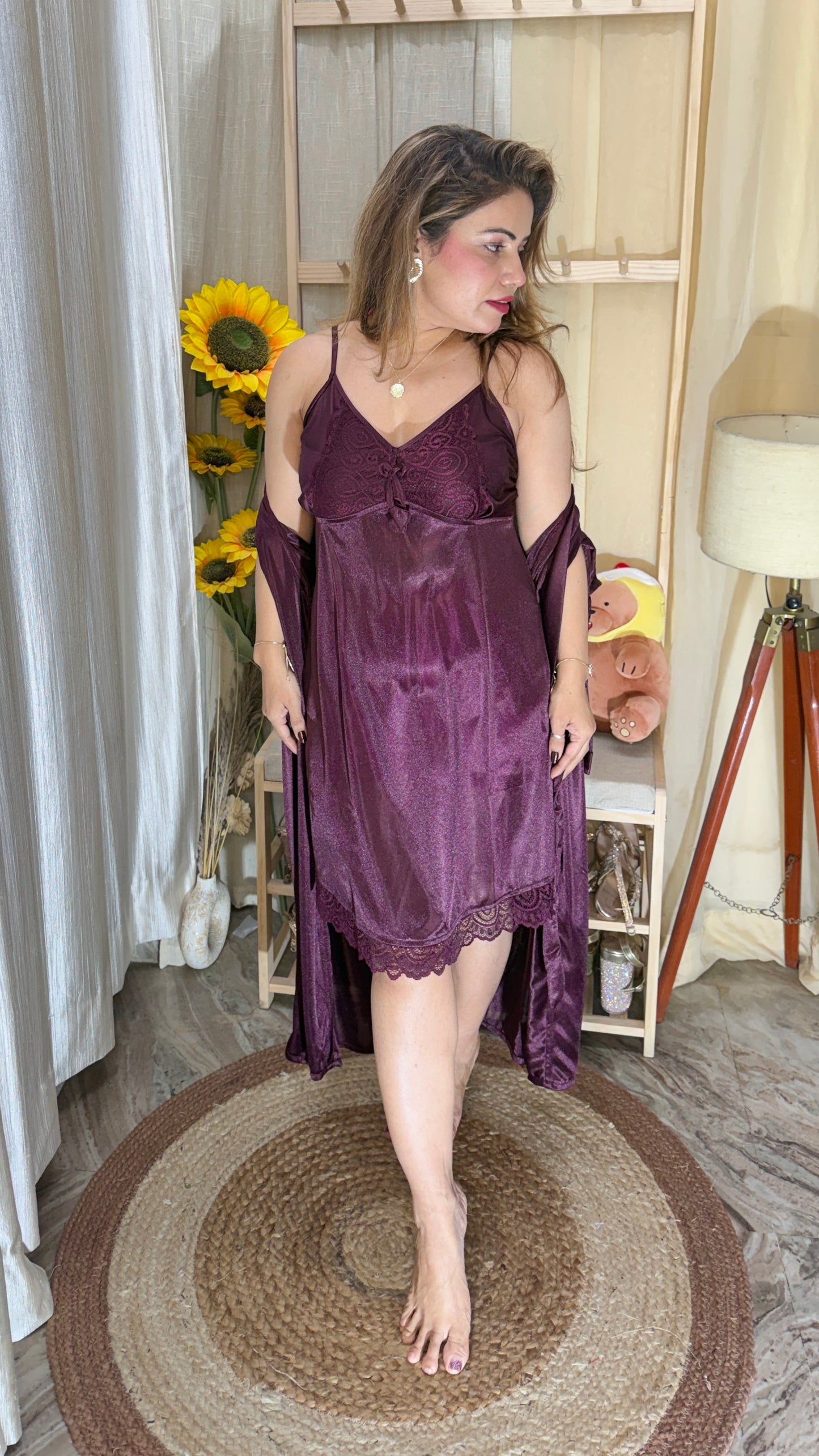 Luxury Satin Embroidered Nighty with Robe | 2-Piece Nightwear Set