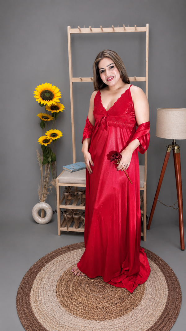 Luxury Red Satin Nighty with Robe – Lace Detail Nightwear Set