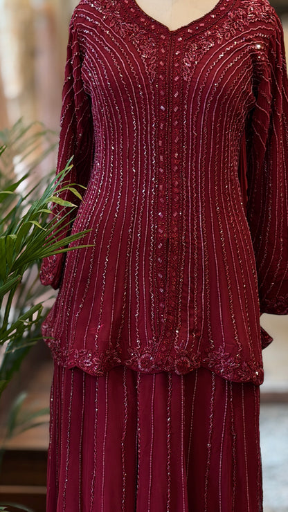 Ruby Red Hand-Embellished Peplum Top & Palazzo Set with Statement Choker