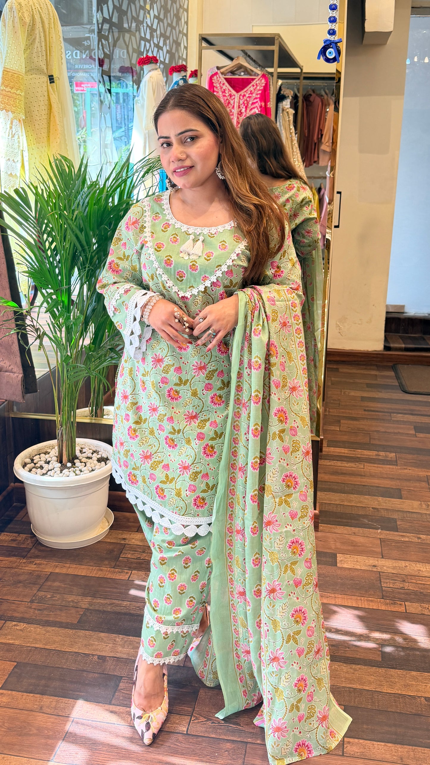 Mint Green Floral Printed Kurta Set with Lace Detailing & Dupatta
