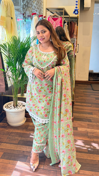 Mint Green Floral Printed Kurta Set with Lace Detailing & Dupatta