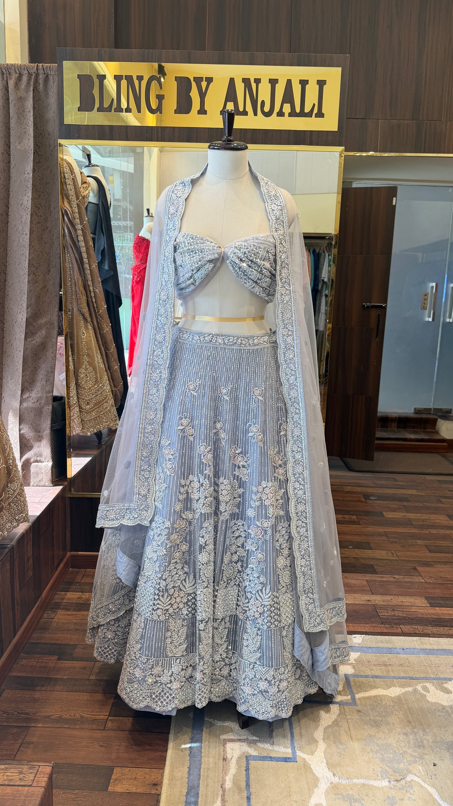 Ice Blue Hand Embroidered Lehenga Set with Dupatta | Luxury Bridal & Engagement Wear | Bling by Anjali