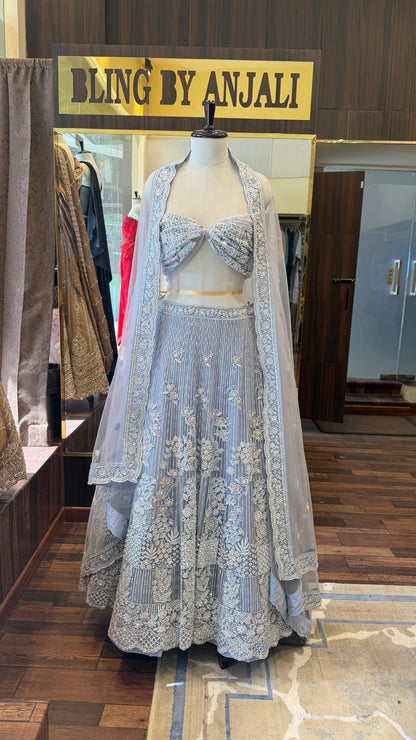 Ice Blue Hand Embroidered Lehenga Set with Dupatta | Luxury Bridal & Engagement Wear | Bling by Anjali