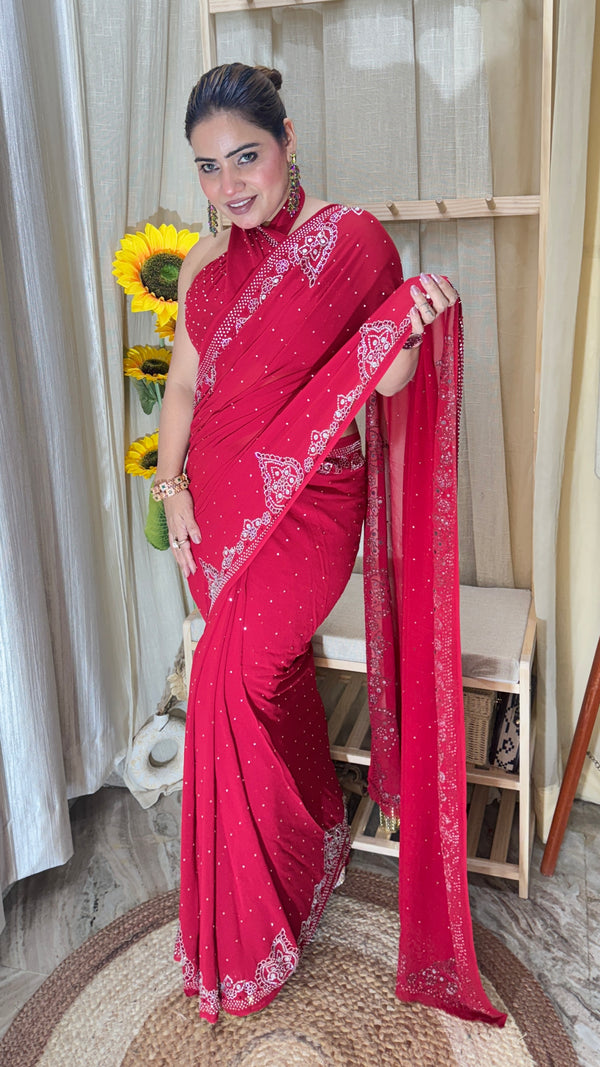 Crimson Red Swarovski Work Georgette Saree