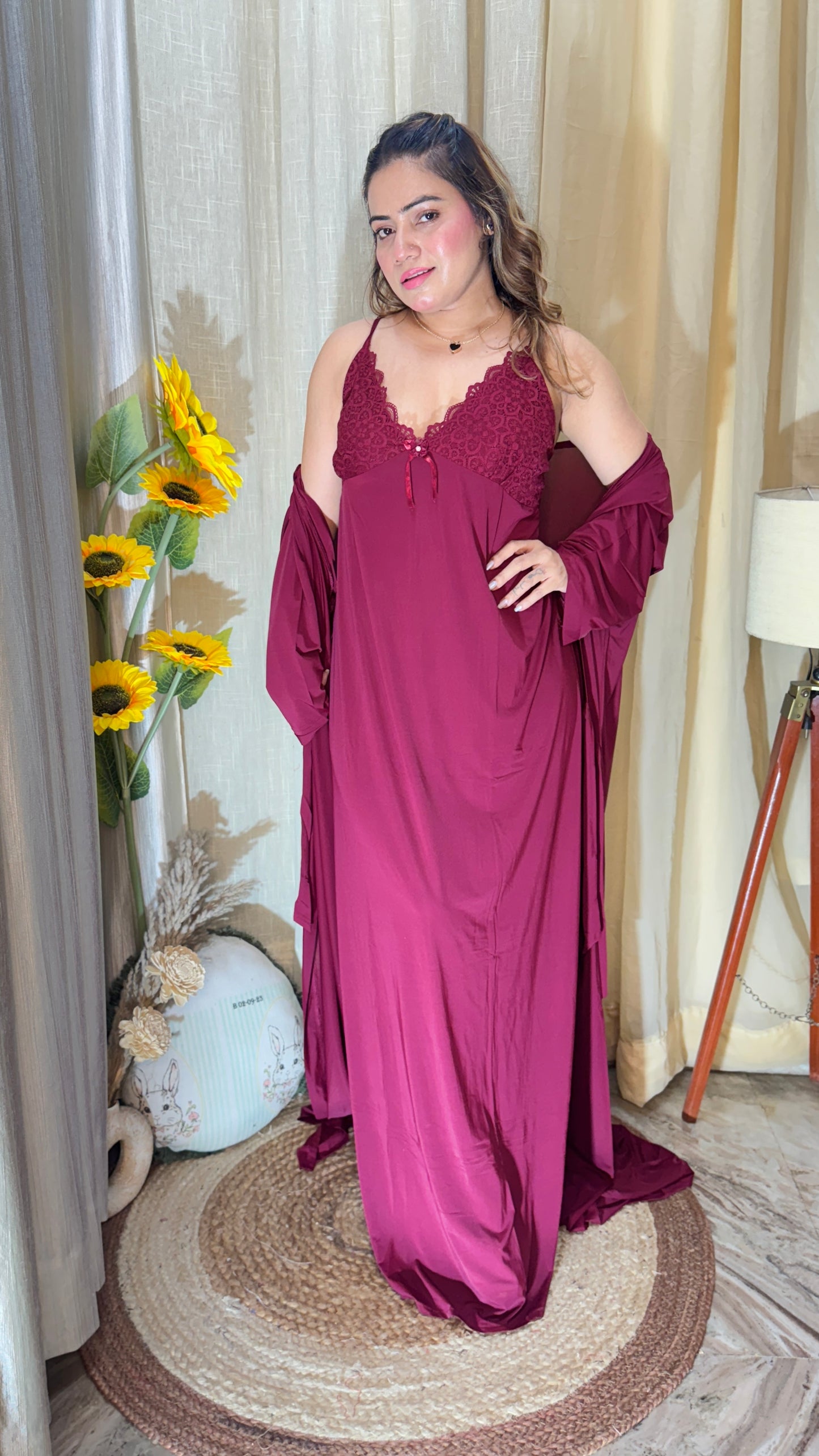 Wine satin nightgown set