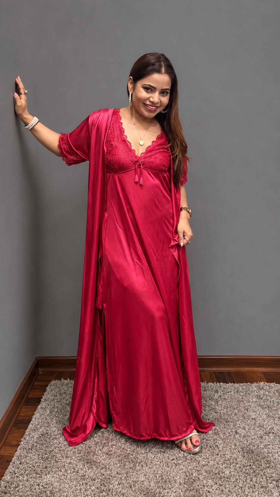 Luxury Red Satin Nightwear Set with Lace Detail (Robe + Slip)
