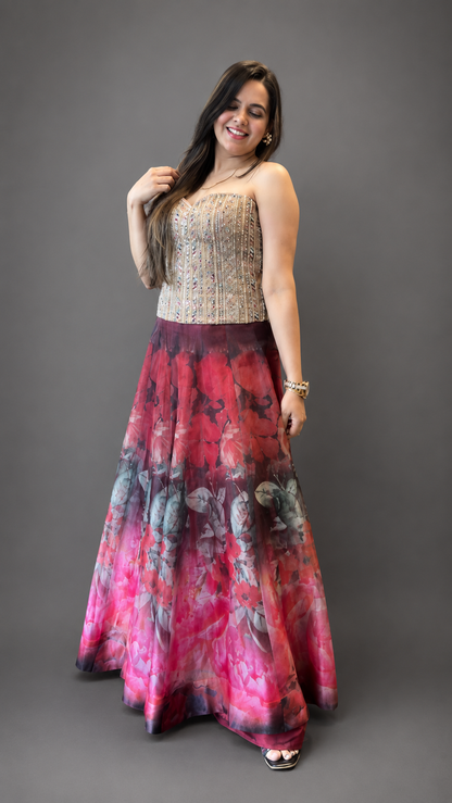 Embroidered Corset with Printed Organza Lehenga – 2-Piece Set