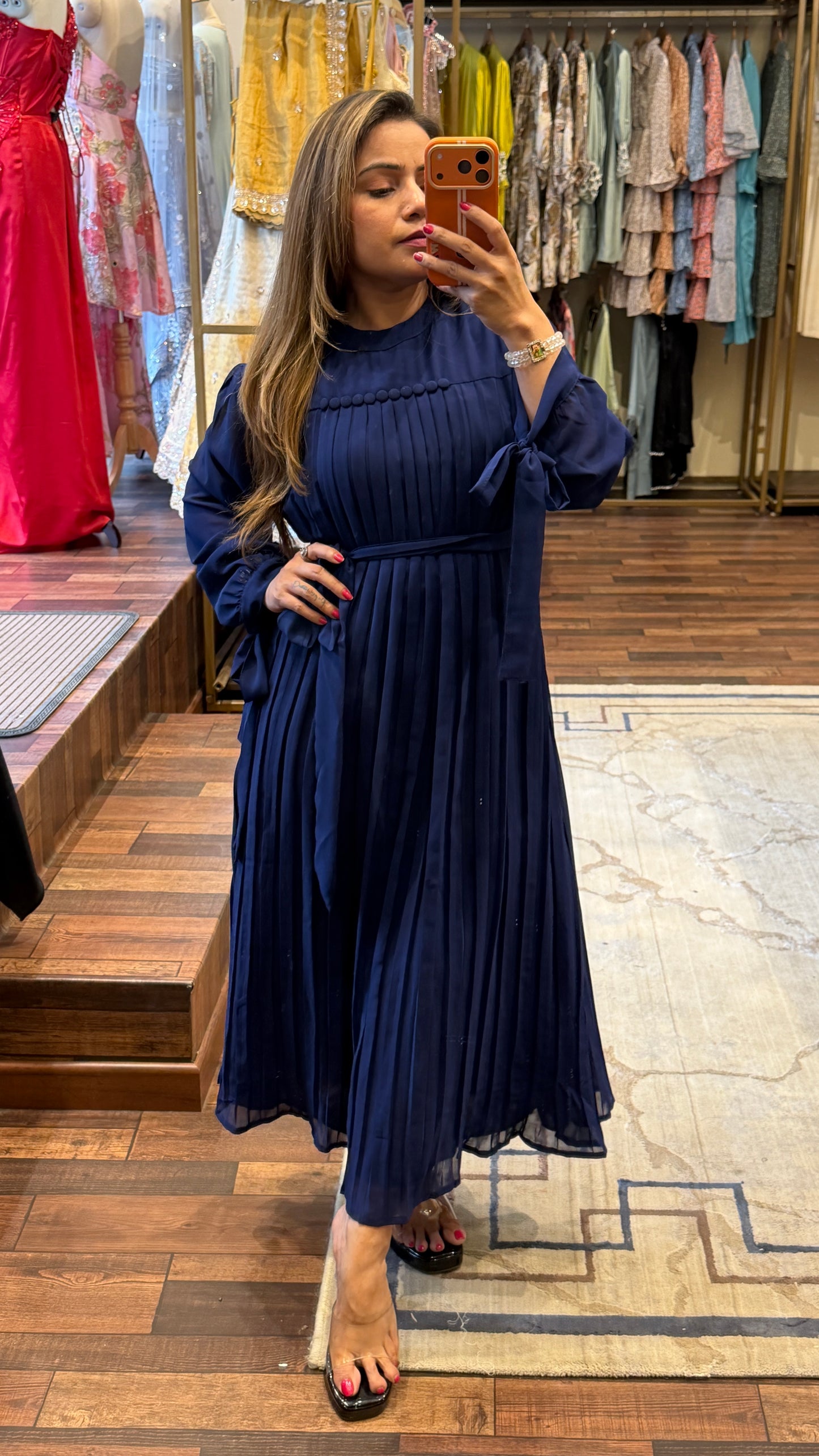 Navy Blue Pleated Midi Dress with Waist Tie – Elegant Flowy Party Wear