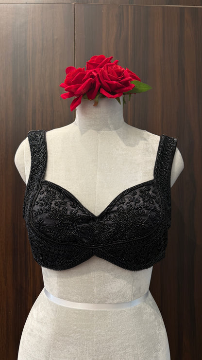 Black Hand-Embroidered Sweetheart Neck Blouse with Tie-Up Back | Designer Blouse