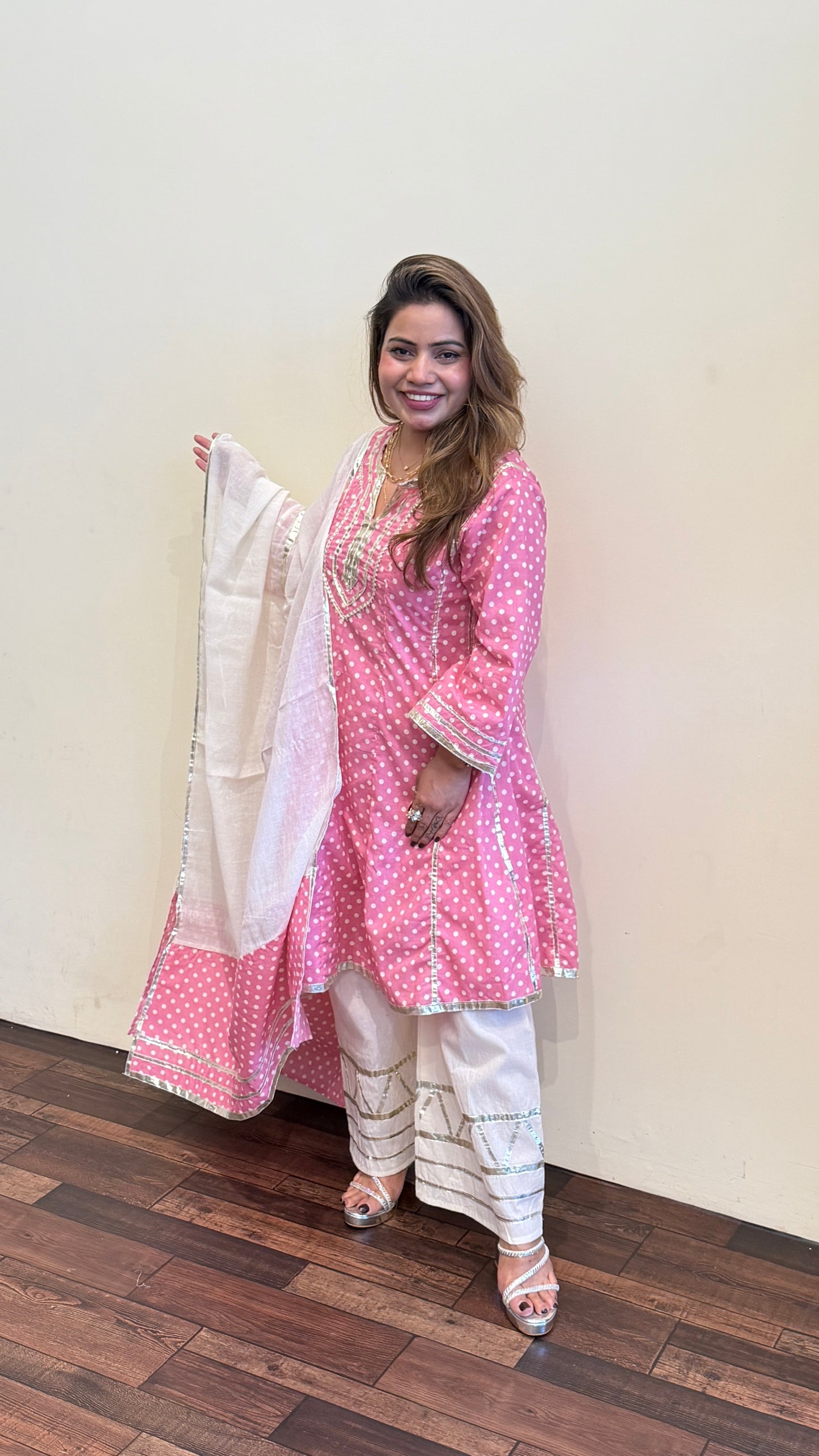Sunshine Yellow And pink Polka Dot Kurta Set with Dupatta
