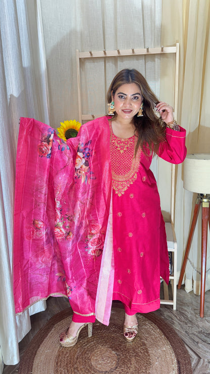 Hot Pink Embroidered Kurta Set with Floral Dupatta
