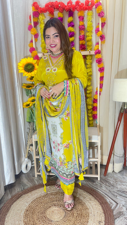 Mustard Yellow Pure Crêpe, ￼ Embroidered 3-Piece Suit