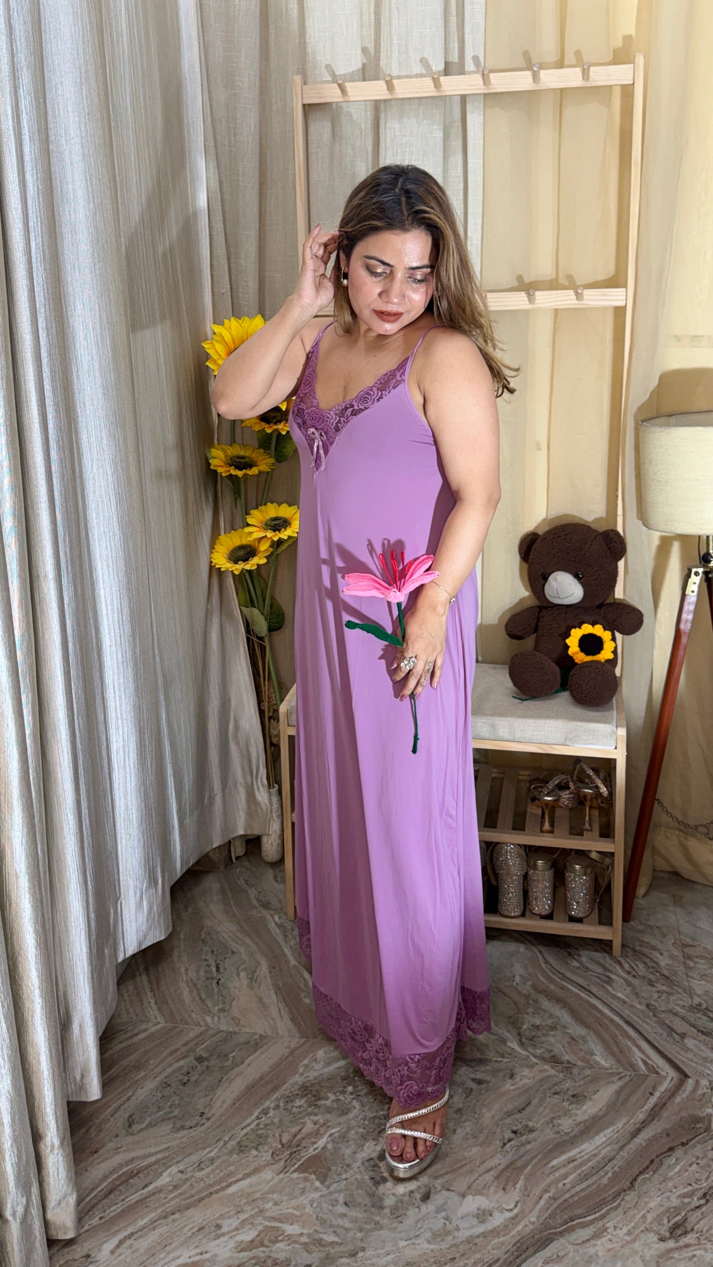 Lavender Lace Trim Luxury Long Nighty for Women