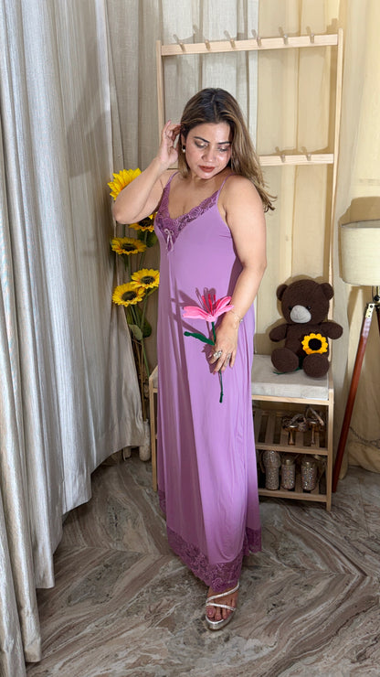 Lavender Lace Trim Luxury Long Nighty for Women