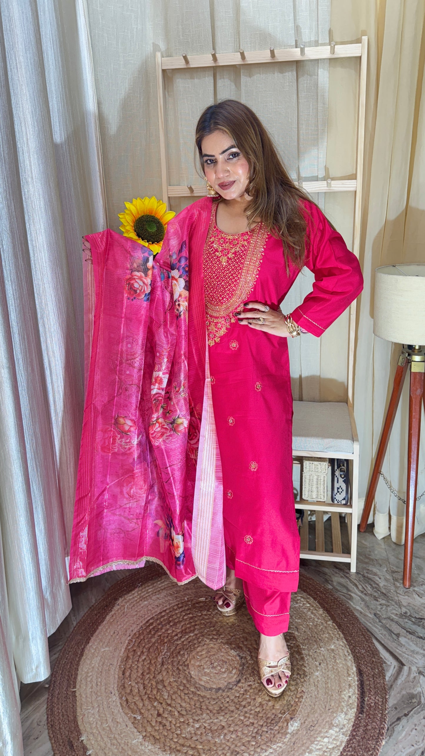 Hot Pink Embroidered Kurta Set with Floral Dupatta