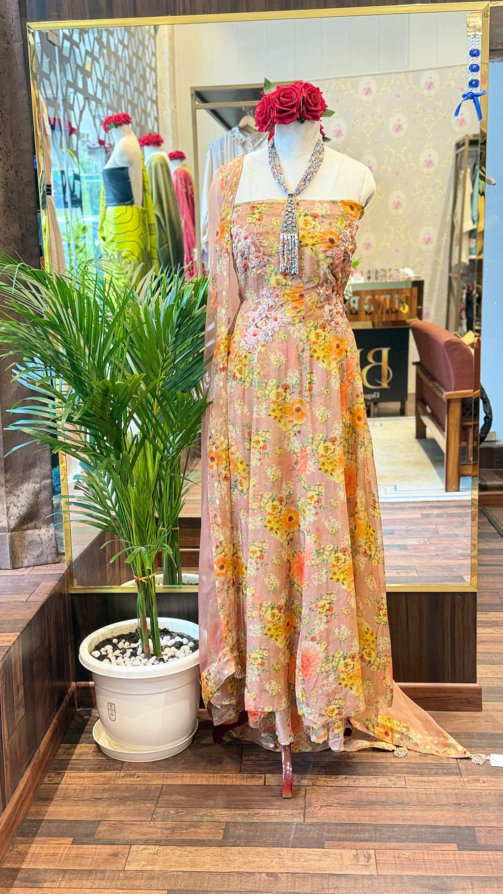 Floral Printed Organza Semi-stitched Anarkali