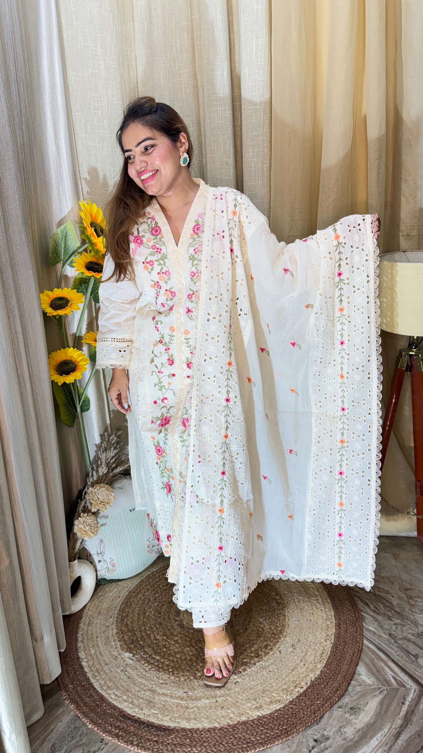 Elegant White Chikankari Floral Embroidered Suit Set