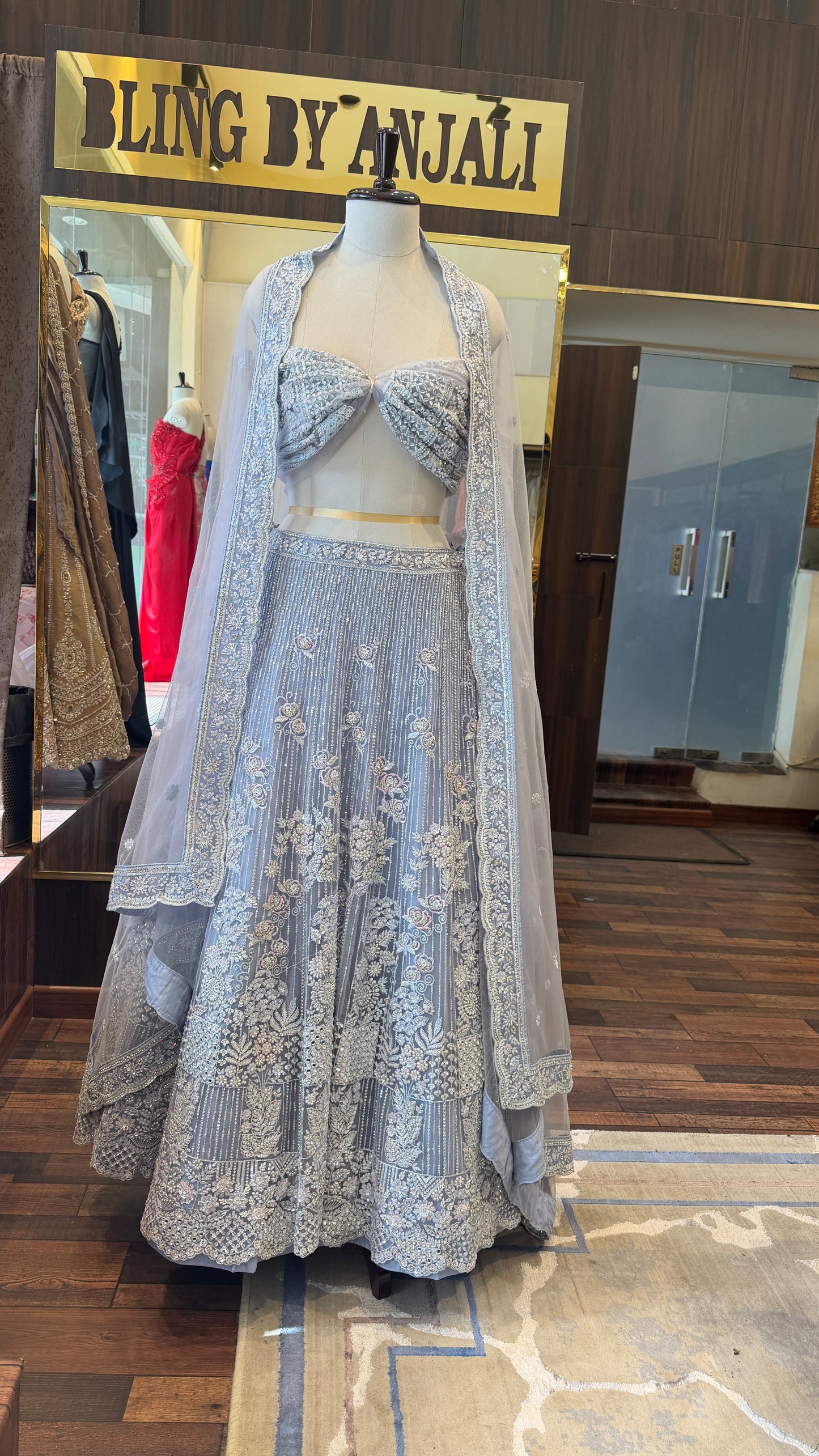 Ice Blue Hand Embroidered Lehenga Set with Dupatta | Luxury Bridal & Engagement Wear | Bling by Anjali