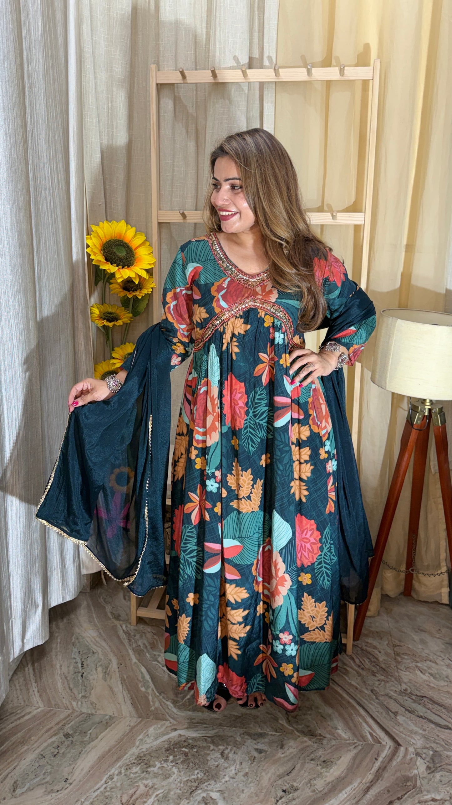 Elegant Floral Printed Anarkali Kurta Set with Dupatta