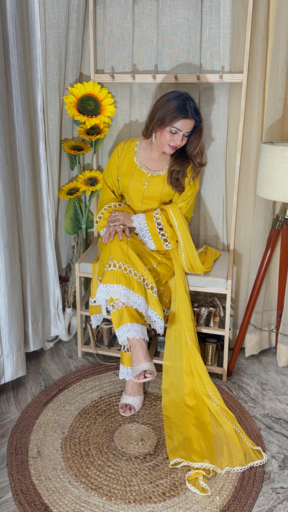 Sunshine Yellow Lace-Detail Kurta Set – 3 Piece