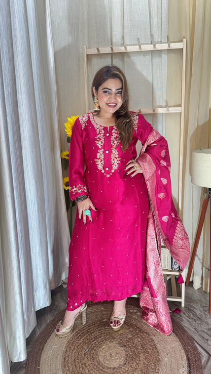 Fuchsia Pink Embroidered Suit with Banarasi Dupatta