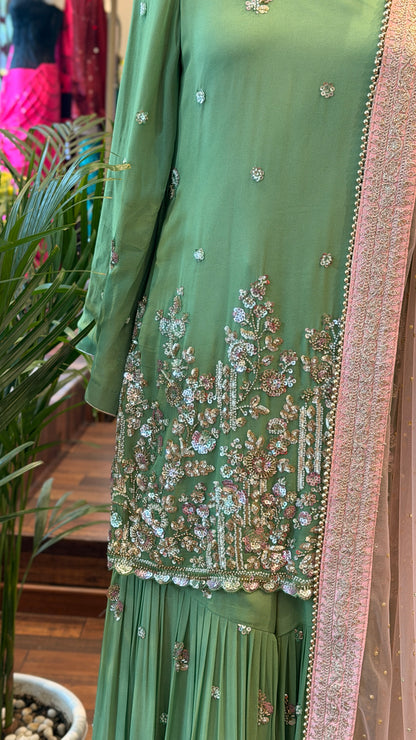 Sage Green Embroidered Sharara Set ￼