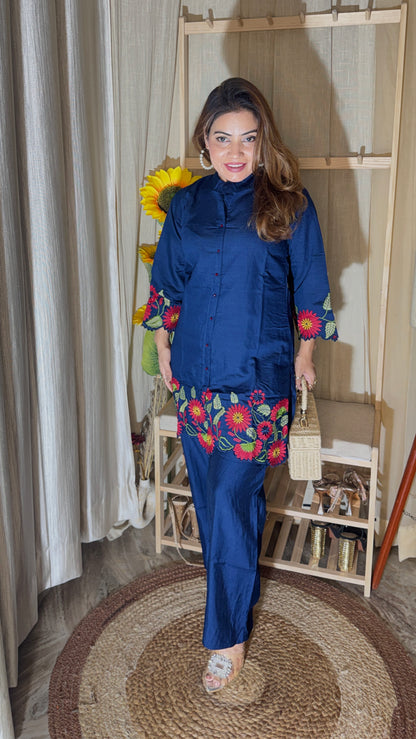 Navy Blue Floral Embroidered Co-Ord Set