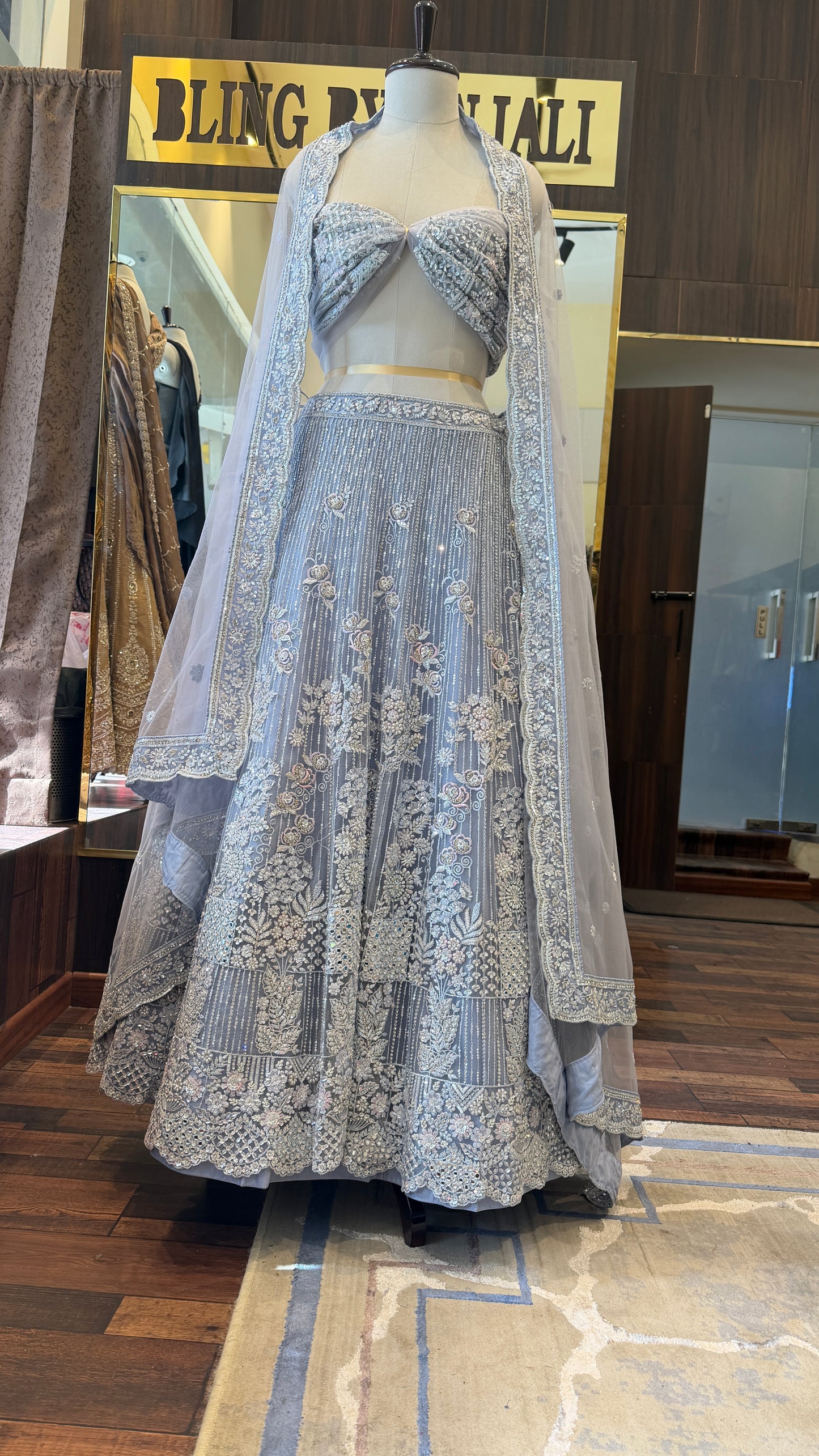 Ice Blue Hand Embroidered Lehenga Set with Dupatta | Luxury Bridal & Engagement Wear | Bling by Anjali