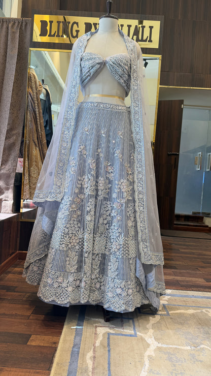 Ice Blue Hand Embroidered Lehenga Set with Dupatta | Luxury Bridal & Engagement Wear | Bling by Anjali