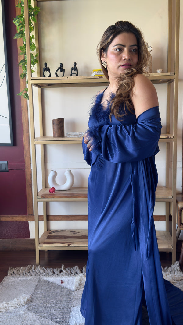 Feather Trim Satin Nightgown with Robe