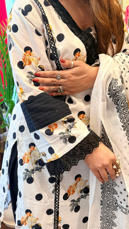 Black & White Floral Polka Kurta Set with Dupatta