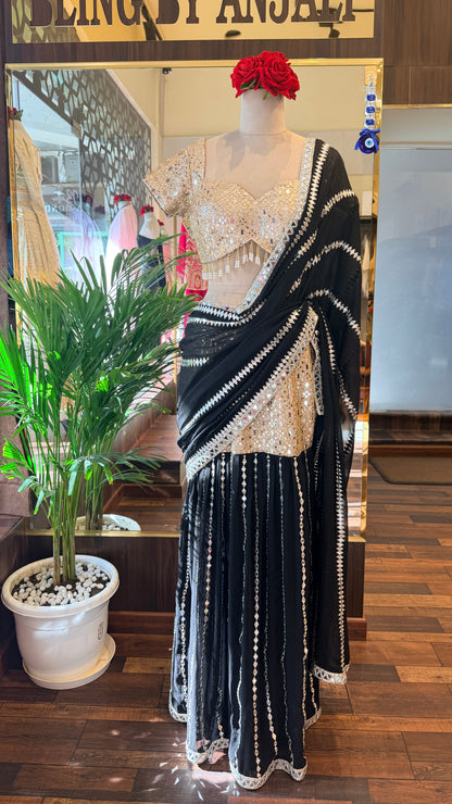 Black & Gold Mirror Work Lehenga Saree Set | Designer Cocktail & Wedding Wear | Bling by Anjali